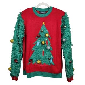 Ugly Christmas Sweater UCS Furry Decorated Christmas Tree Metallic Womens Size S